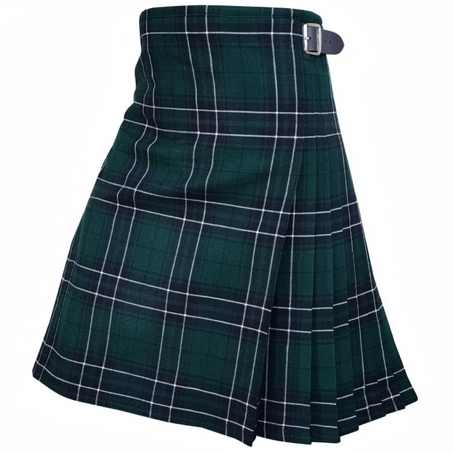 A dark green tartan kilt with white and black plaid lines, featuring a pleated body and a belt with a silver buckle, shown against a plain white background.