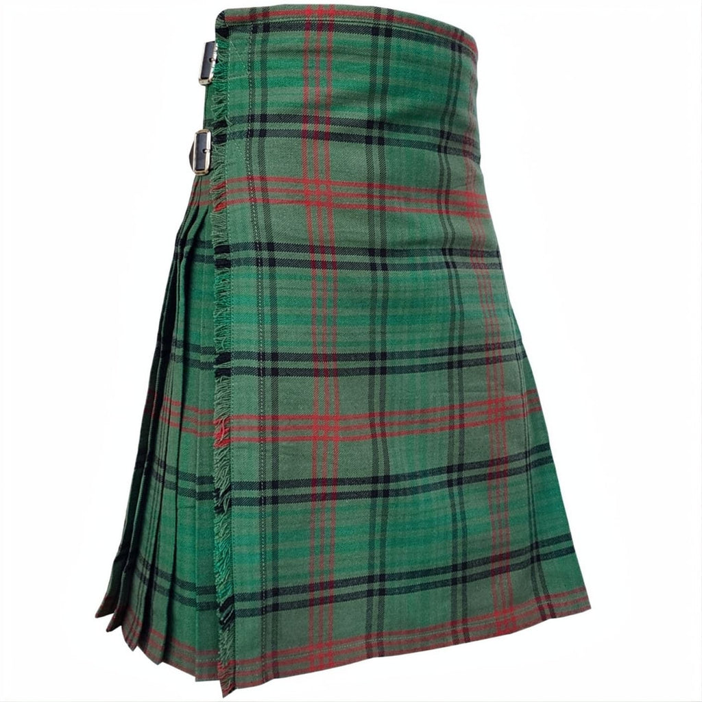 Rose Hunting Ancient Tartan Kilt in green, black and red Scottish tartan with adjustable side buckles and traditional pleated design Side