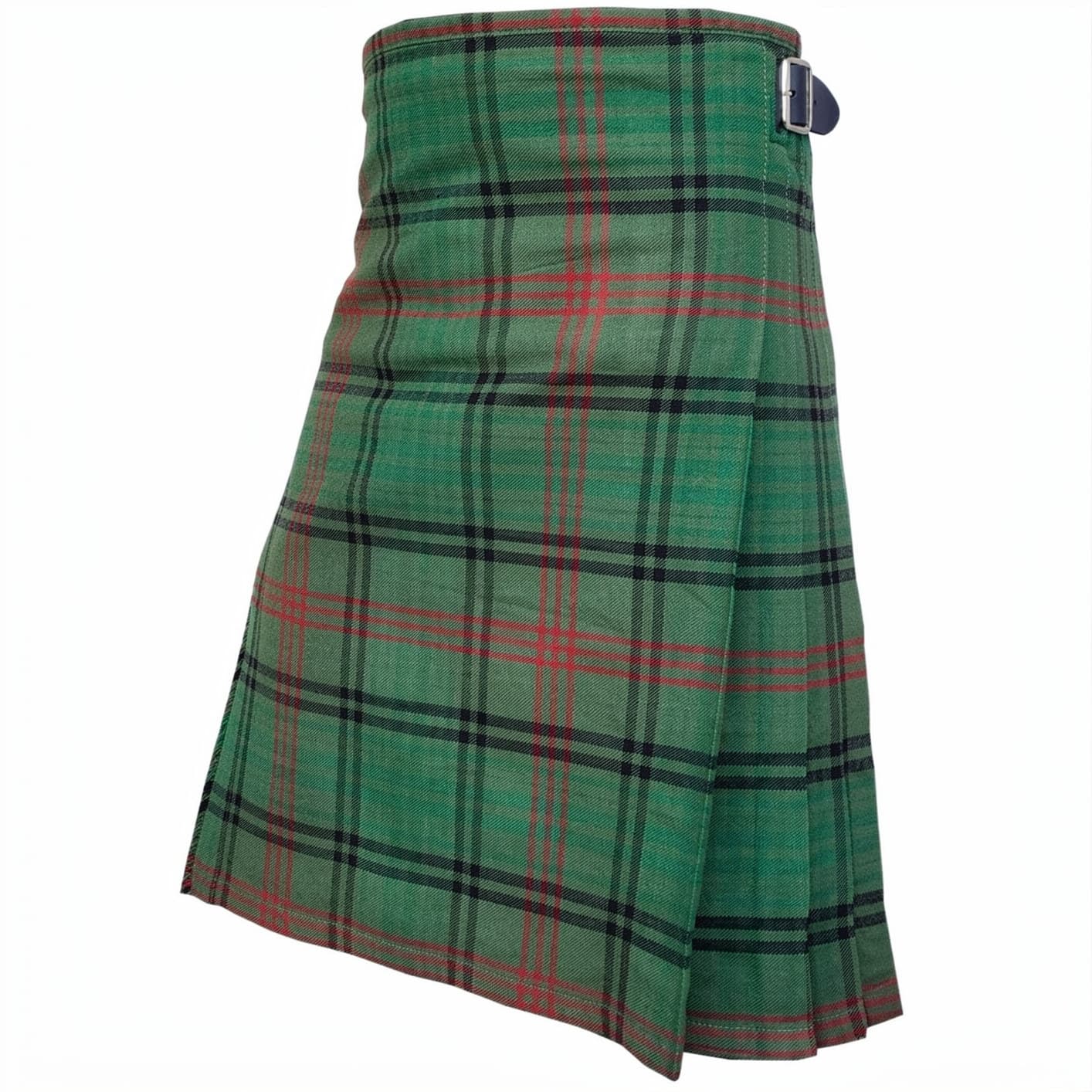 Rose Hunting Ancient Tartan Kilt in green, black and red Scottish tartan with adjustable side buckles and traditional pleated design Side