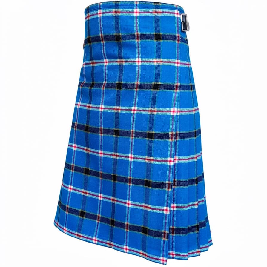 Oklahoma Tartan Kilt in blue with black, red and white tartan pattern, pleated Scottish-style men's kilt with side buckles Side