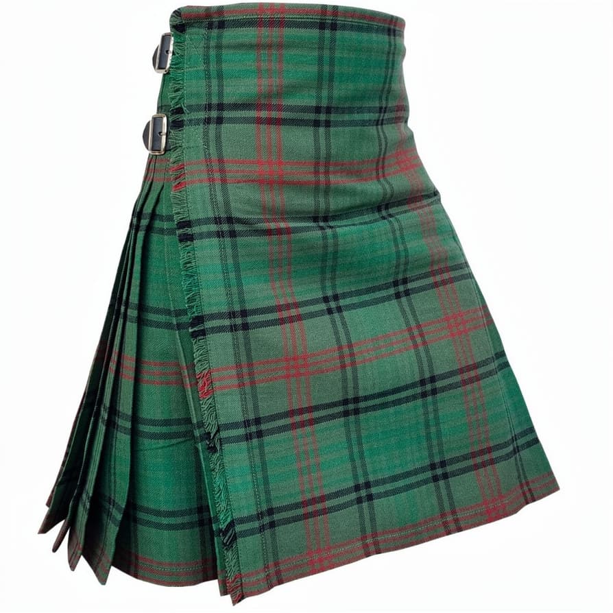 Rose Hunting Ancient Tartan Kilt in green, black and red Scottish tartan with adjustable side buckles and traditional pleated design 