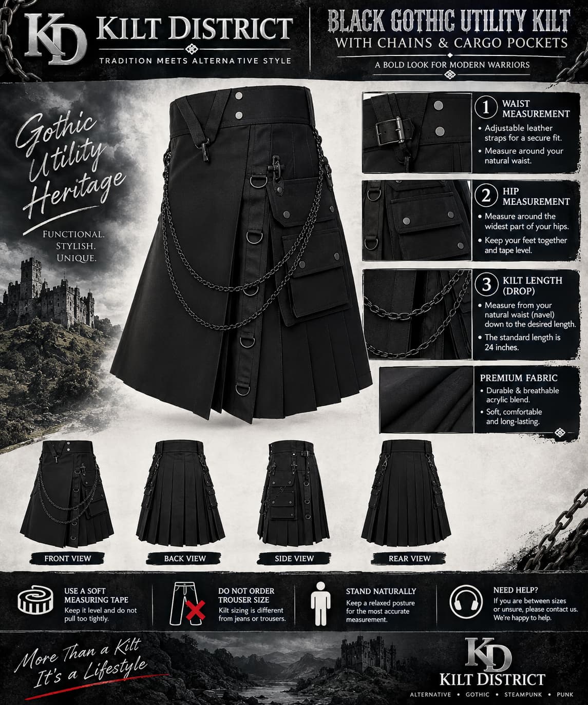 Black gothic utility kilt from Kilt District featuring multiple front pockets, a chain draped across the front, and adjustable straps. The image includes a size measurement guide, front/back/side/rear views, and care instructions on a dark gothic-themed background.