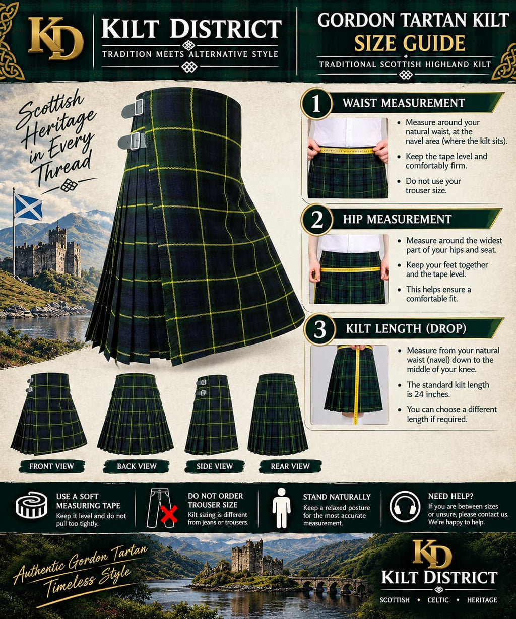 Gordon Tartan Kilt featuring traditional black, green and navy tartan with yellow lines, pleated design and adjustable leather buckle straps