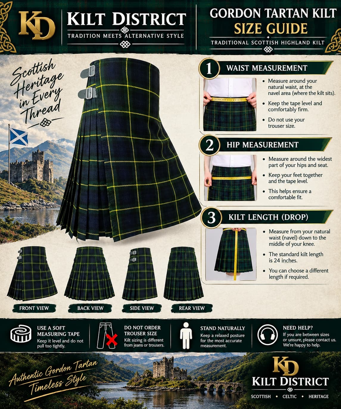 Gordon Tartan Kilt featuring traditional black, green and navy tartan with yellow lines, pleated design and adjustable leather buckle straps