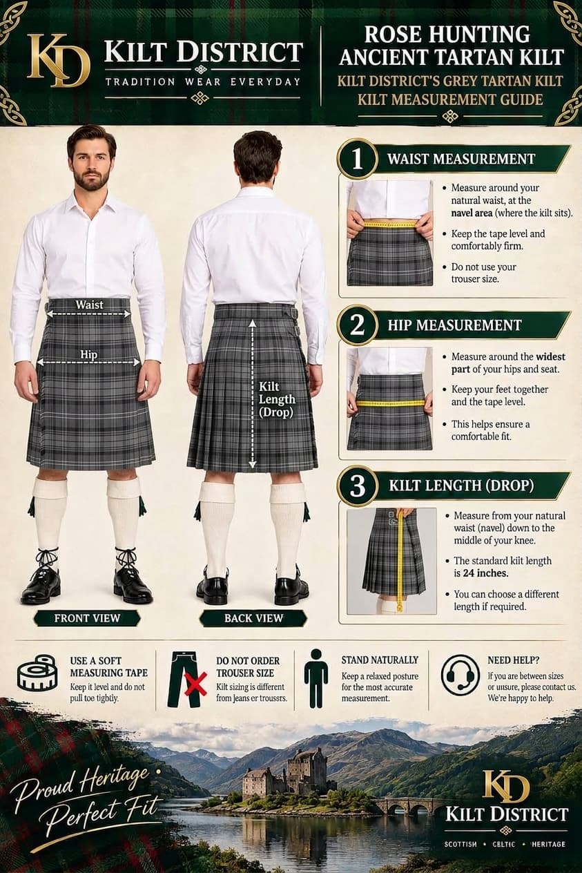 A Kilt District brand measurement guide poster showing front and back views of a man wearing a tartan kilt, with text instructions for waist, hip, and kilt length measurements, plus small product icons and a scenic background.