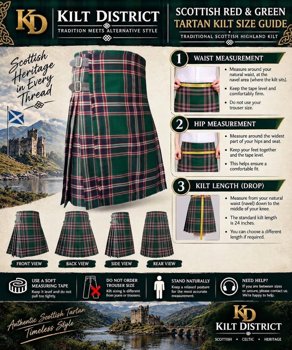 A Kilt District informational guide poster showing a tartan kilt in front with smaller front, back, side, and rear views below, plus measurement instructions for waist, hip, and kilt length. The poster includes a large photo of a kilt, castle and river scenery, and branding for Kilt District.