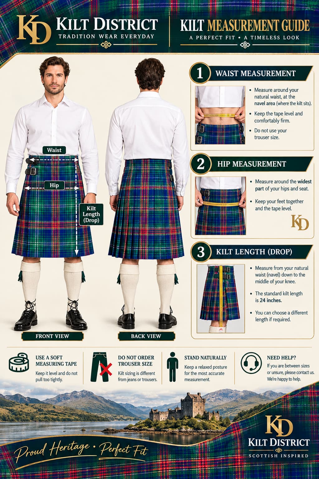 Kilt Measurement Guide infographic from Kilt District featuring three male models demonstrating how to measure a kilt at the waist, hip, and kilt length, with step-by-step instructions and a Kilt District logo.