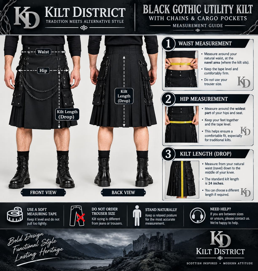 A measurement guide and style guide for the Kilt District Black Gothic Utility Kilt, featuring front and back views of a model wearing the kilt, with labeled measurements for waist, hip, and kilt length, plus product details and care instructions.