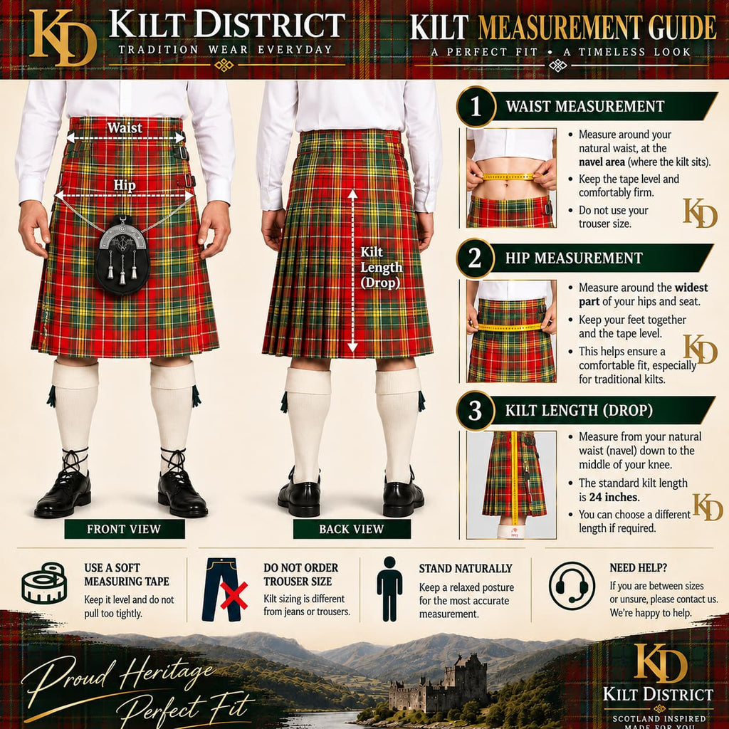 A Kilt Measurement Guide infographic from Kilt District featuring front and back views of a man wearing a tartan kilt, with measurement instructions for waist, hip, and kilt length. The graphic includes product photos, text callouts, and a Kilt District logo.