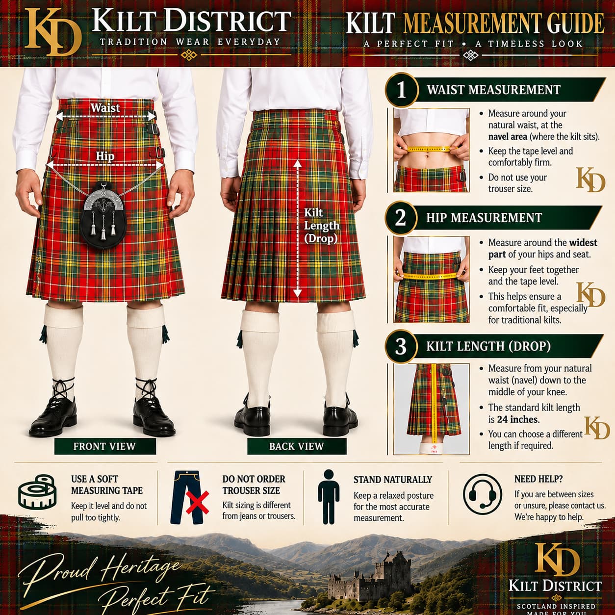 A Kilt Measurement Guide infographic from Kilt District featuring front and back views of a man wearing a tartan kilt, with measurement instructions for waist, hip, and kilt length. The graphic includes product photos, text callouts, and a Kilt District logo.
