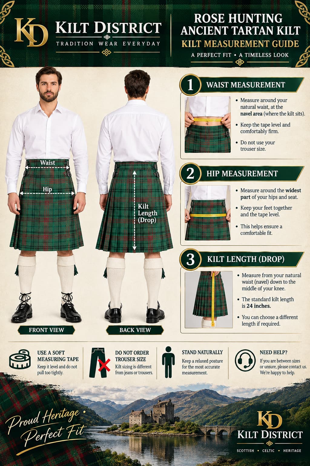 A printed guide/poster from Kilt District showing how to measure an ancient tartan kilt, with front and back views of a man wearing a green tartan kilt, measurement callouts, and step-by-step instructions for waist, hip, and kilt length.