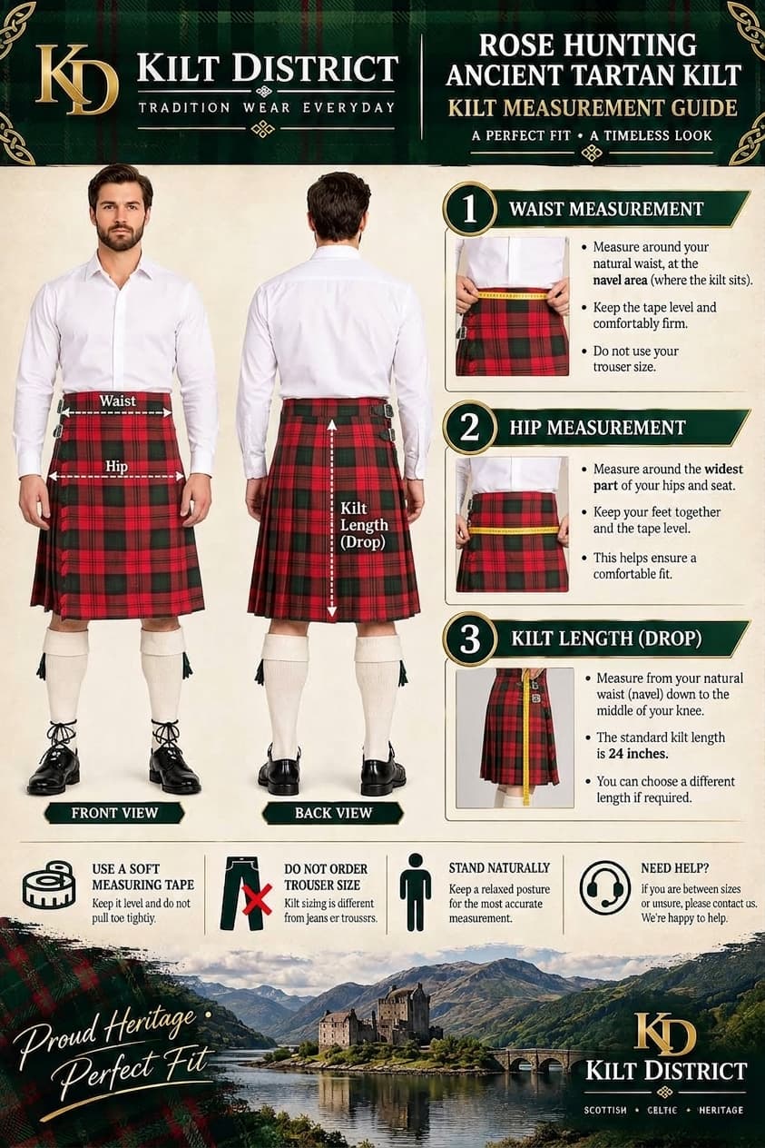 A Kilt Measurement Guide poster from Kilt District featuring front and back views of a man wearing a red and green tartan kilt, with measurement instructions and tips on the right side.