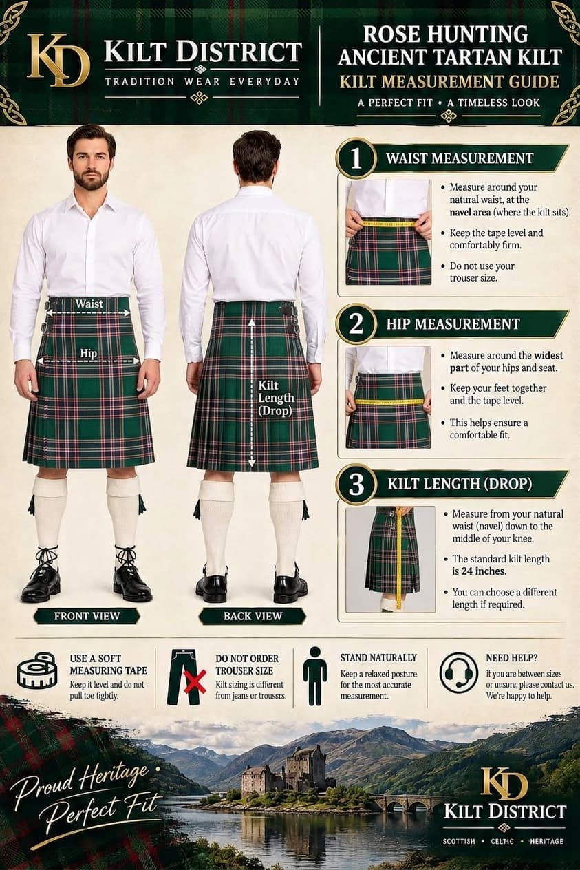 A Kilt Measurement Guide poster from Kilt District featuring front and back views of a man wearing a tartan kilt, with measurement instructions for waist, hip, and kilt length drop, plus small icons and a scenic background.