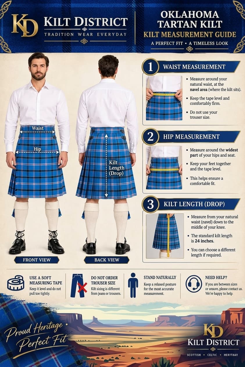 Oklahoma Tartan Kilt in blue with black, red and white tartan pattern, pleated Scottish-style men's kilt with side buckles Size Guide
